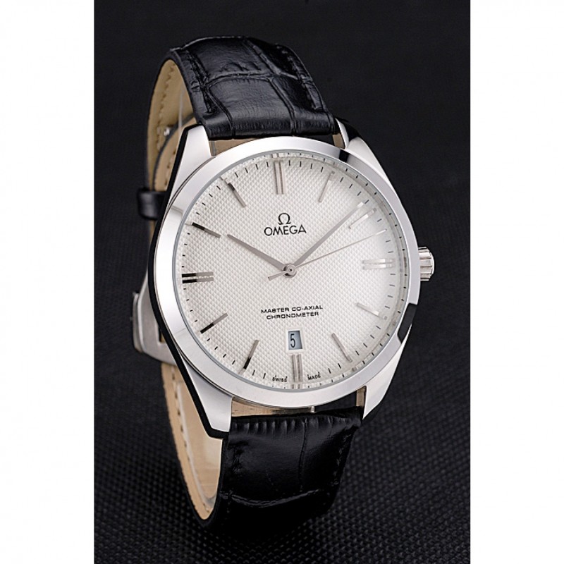 High End Omega Tresor Master Co-Axial White Dial Stainless Steel Case Black Leather Strap-2