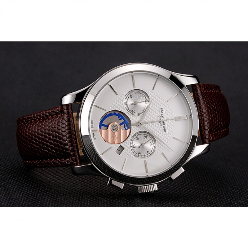 Patek Philippe Chronograph White Dial Stainless Steel Case Brown Leather Strap-3
