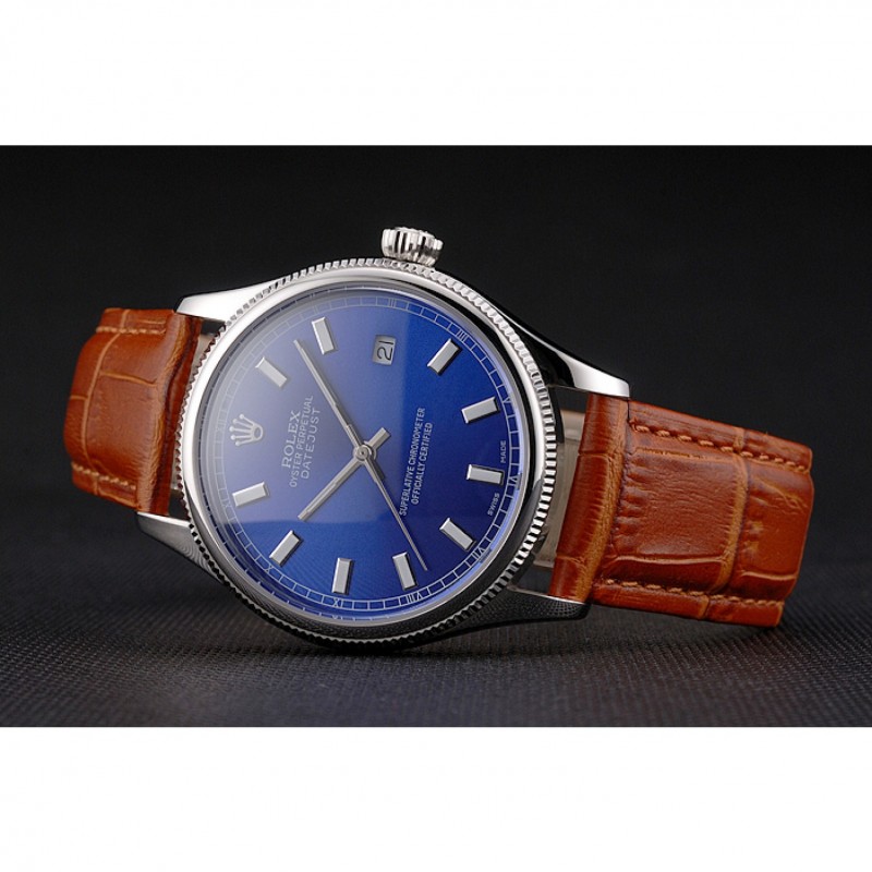 Swiss Rolex Datejust Blue Dial Stainless Steel Case Light Brown Leather Strap-3
