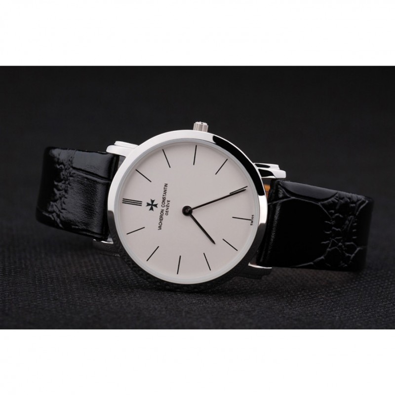 Best Vacheron Constantin Patrimony White Stainless Steel Case Black Leather Bracelet-3