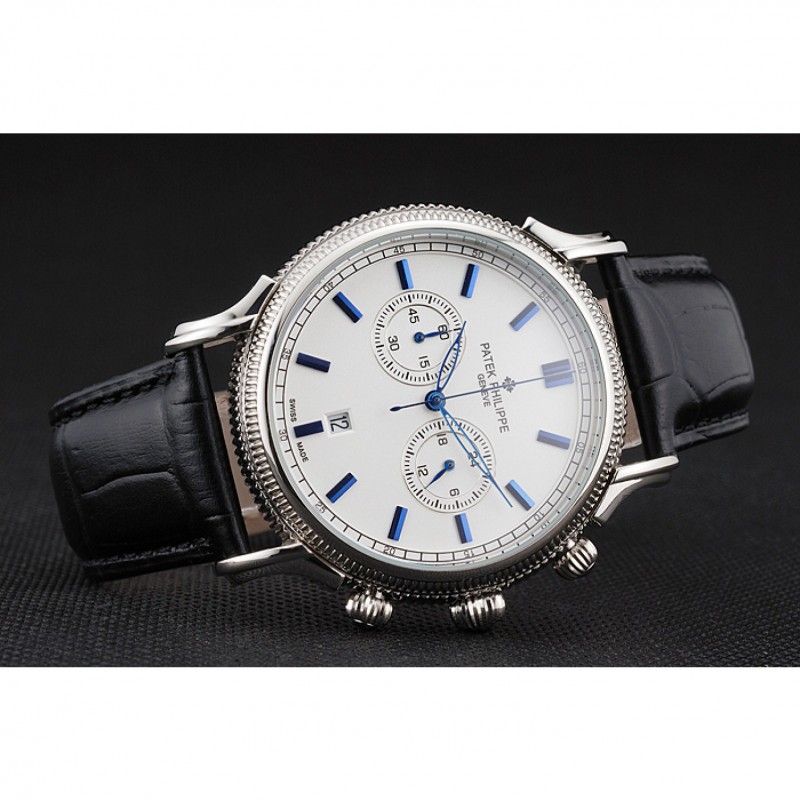 Patek Philippe Chronograph White Dial Blue Markings Stainless Steel Case Black Leather Strap-4
