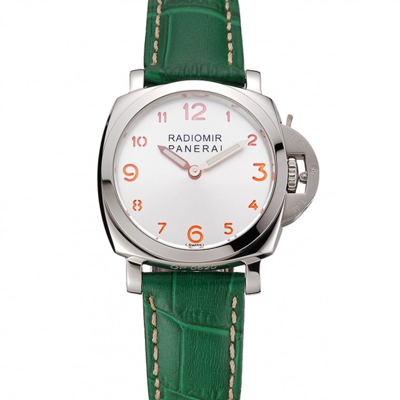Panerai Radiomir White Dial Stainless Steel Case Green Leather Strap 1453804-0