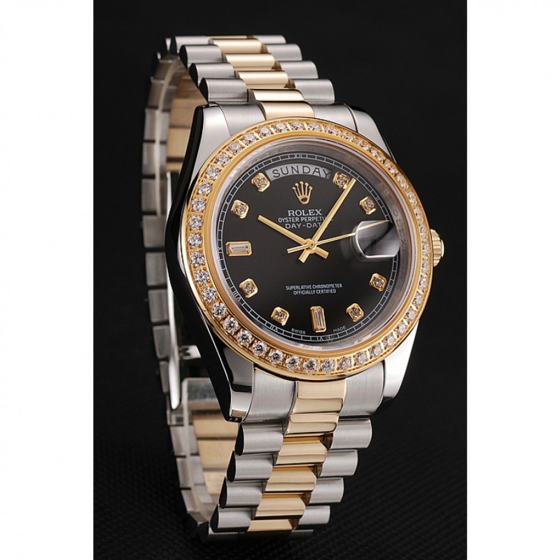 Cheap Replica Watches Swiss Rolex Day-Date Black Dial Gold Diamond Case Two Tone Stainless Steel Bracelet 1453976-1