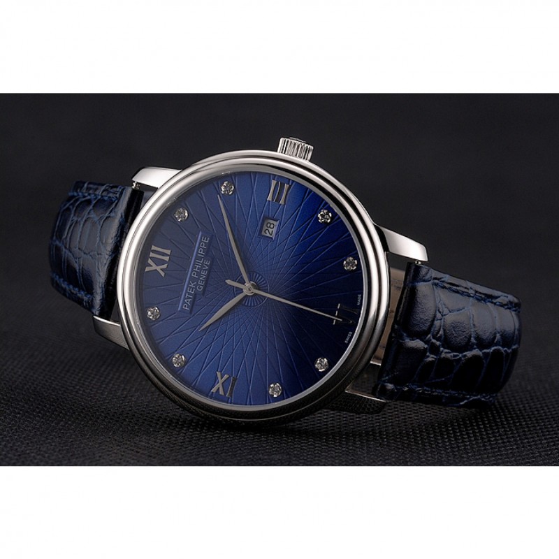 Patek Philippe Calatrava Date Blue Dial Stainless Steel Case Blue Leather Strap-3