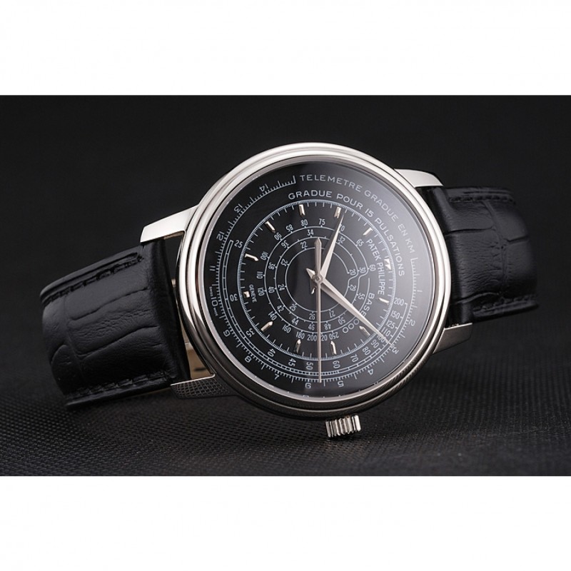 Cheap Swiss Patek Philippe Multi-Scale Chronograph Black Dial Stainless Steel Case Black Leather Strap-4