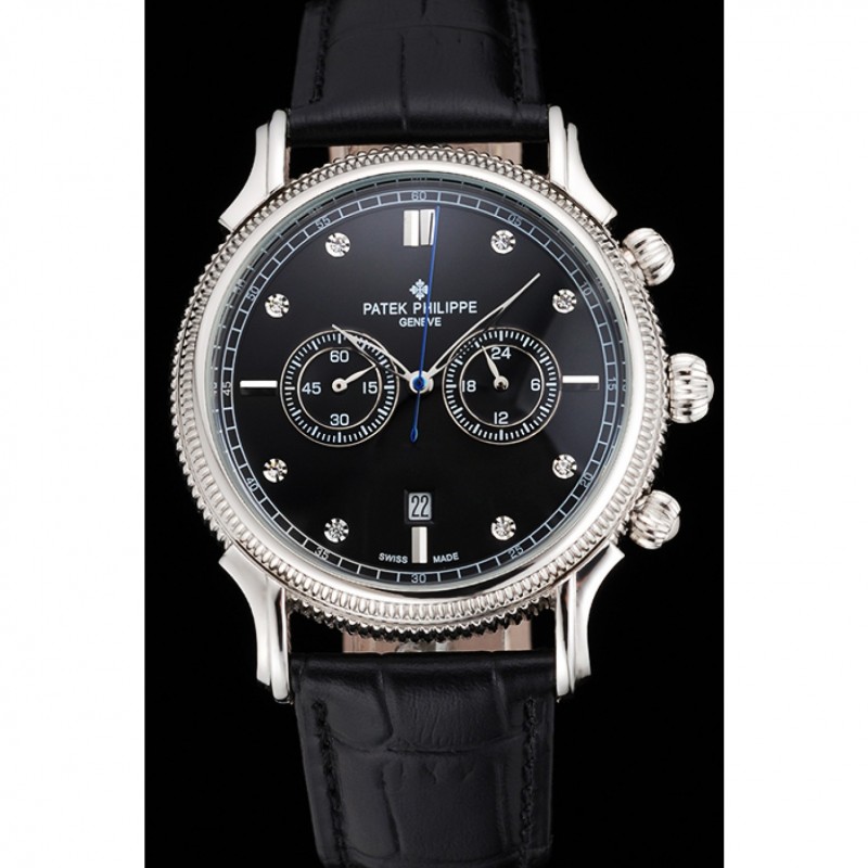 Patek Philippe Chronograph Black Dial With Diamonds Stainless Steel Case Black Leather Strap-1