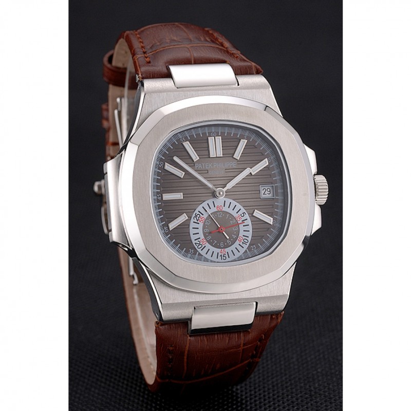 High Quality Patek Philippe Nautilus Gray Dial Stainless Steel Case Brown Leather Strap-2