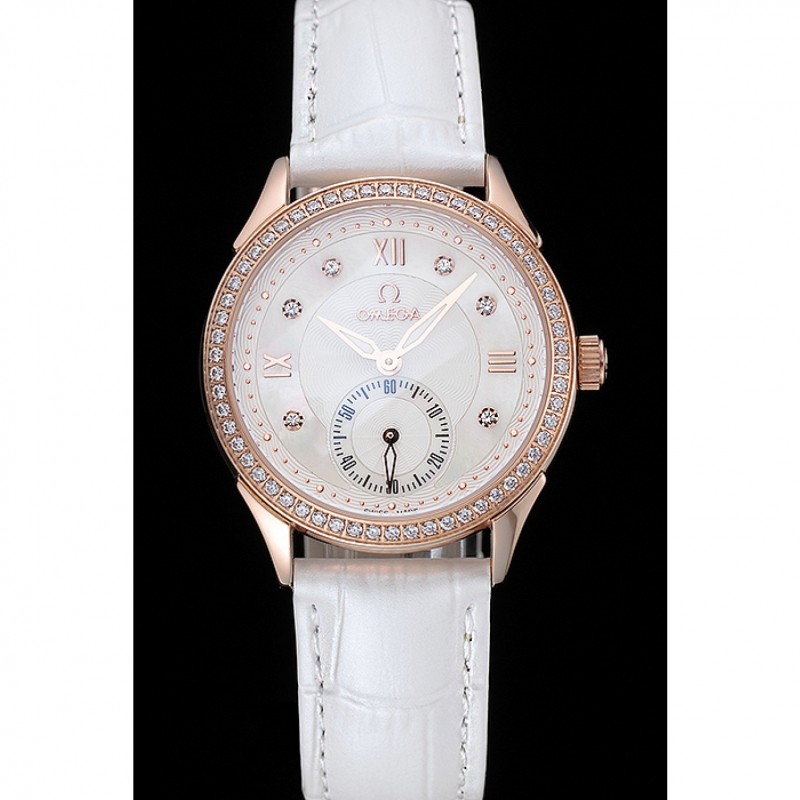 High Quality Replica Watches Omega DeVille Prestige White Dial Gold Diamond Case White Leather Bracelet 1454122-1