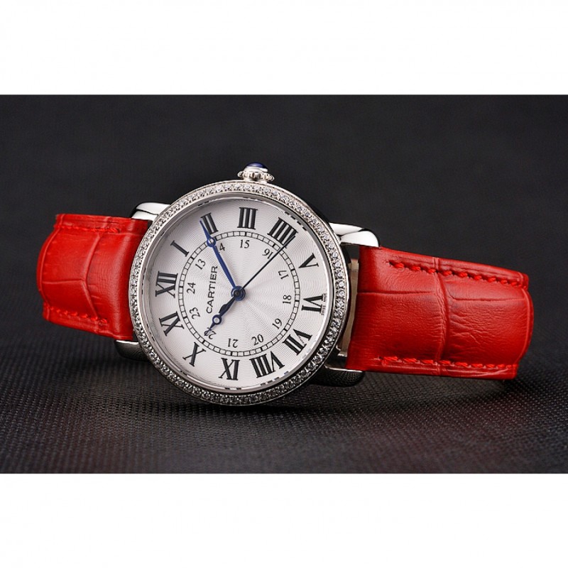 Cartier Ronde White Dial Diamond Bezel Stainless Steel Case Red Leather Strap-3