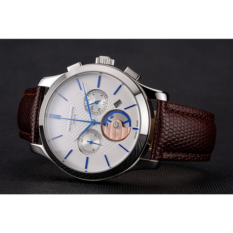AAA Patek Philippe Chronograph White Dial Blue Hands Stainless Steel Case Brown Leather Strap-3