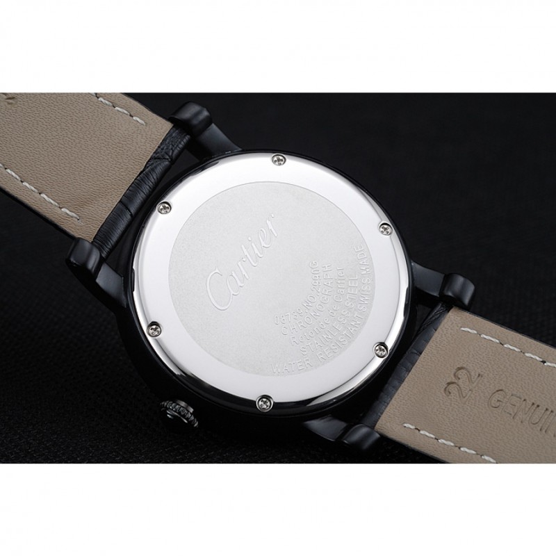SS Cartier Rotonde Black Dial Black Case Black Leather Bracelet 1454218-7