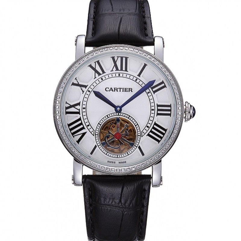 High End Replica Watches Cartier Rotonde Flying Tourbillon Diamonds White Dial 621954-0