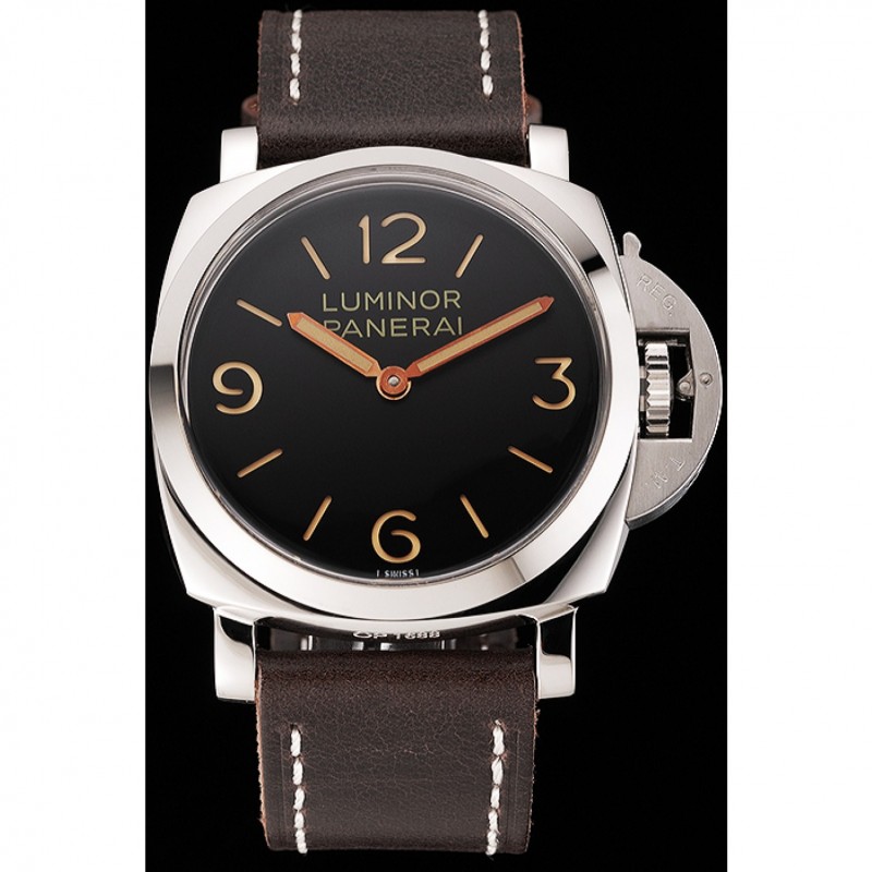Swiss Panerai Luminor Black Dial Stainless Steel Case Brown Leather Strap 1453854-1