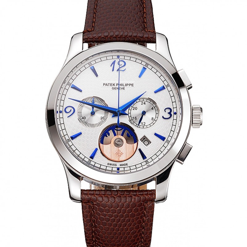 Cheap Patek Philippe Chronograph White Guilloche Dial Blue Hands Stainless Steel Case Brown Leather Strap-0