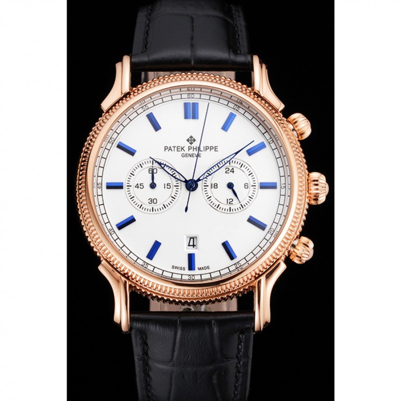 High End Replica Watches Patek Philippe Chronograph White Dial Blue Markings Rose Gold Case Black Leather Strap-1