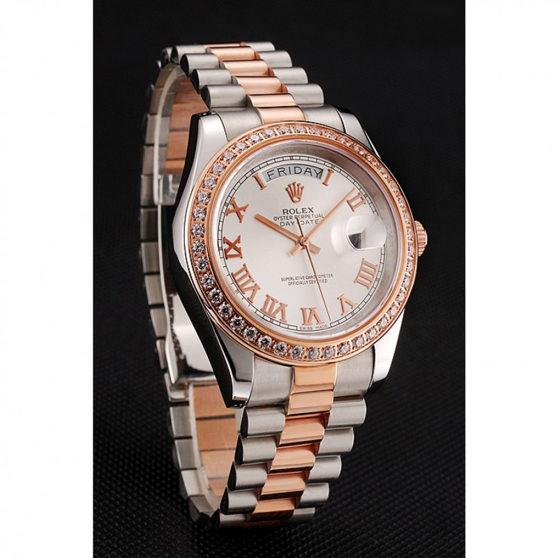 Swiss Rolex Day-Date Diamonds Bezel White Dial Rose Gold And Staineless Steel Bracelet 1454108-2