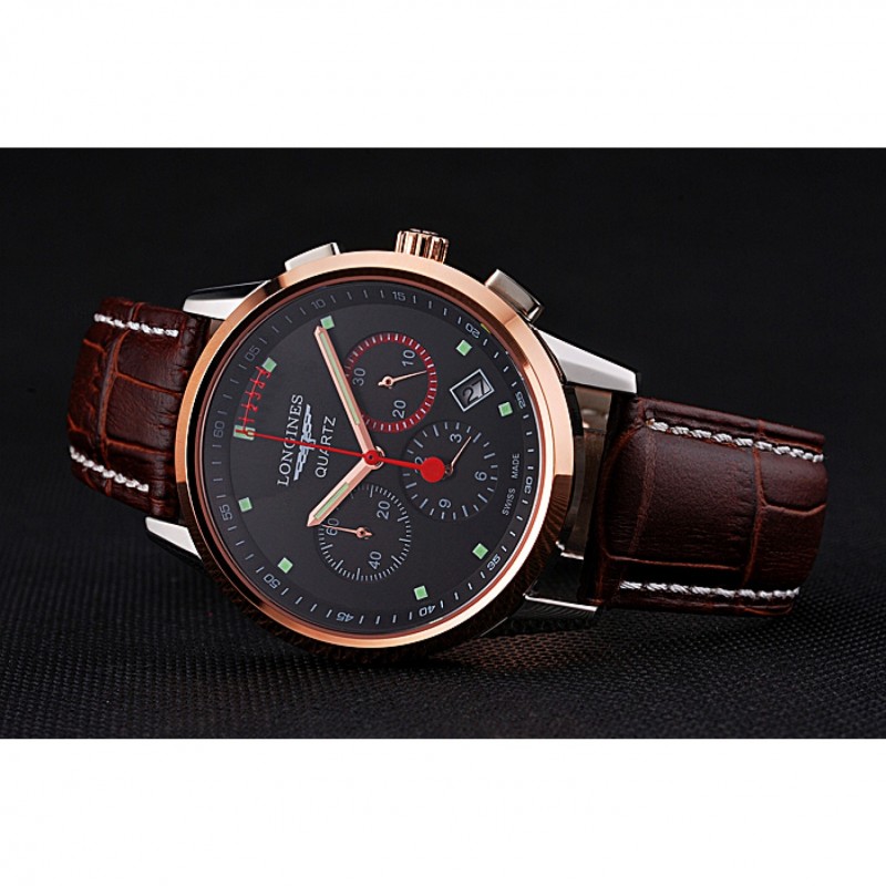 High End Longines Column Wheel Black Dial Two Tone Case Brown Leather Strap-3