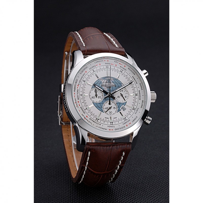 Breitling Transocean Chronograph Unitime White Dial Stainless Steel Case Brown Leather Bracelet 622244-2