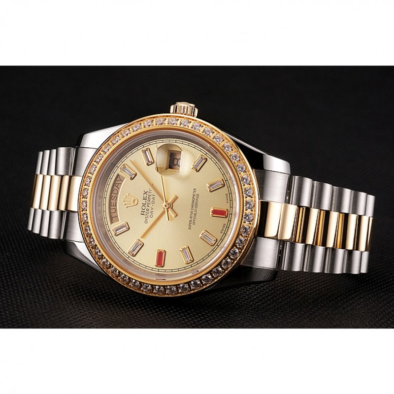 Swiss Rolex Day-Date Diamonds And Rubies Champagne Dial Two Tone Bracelet 1454104-3