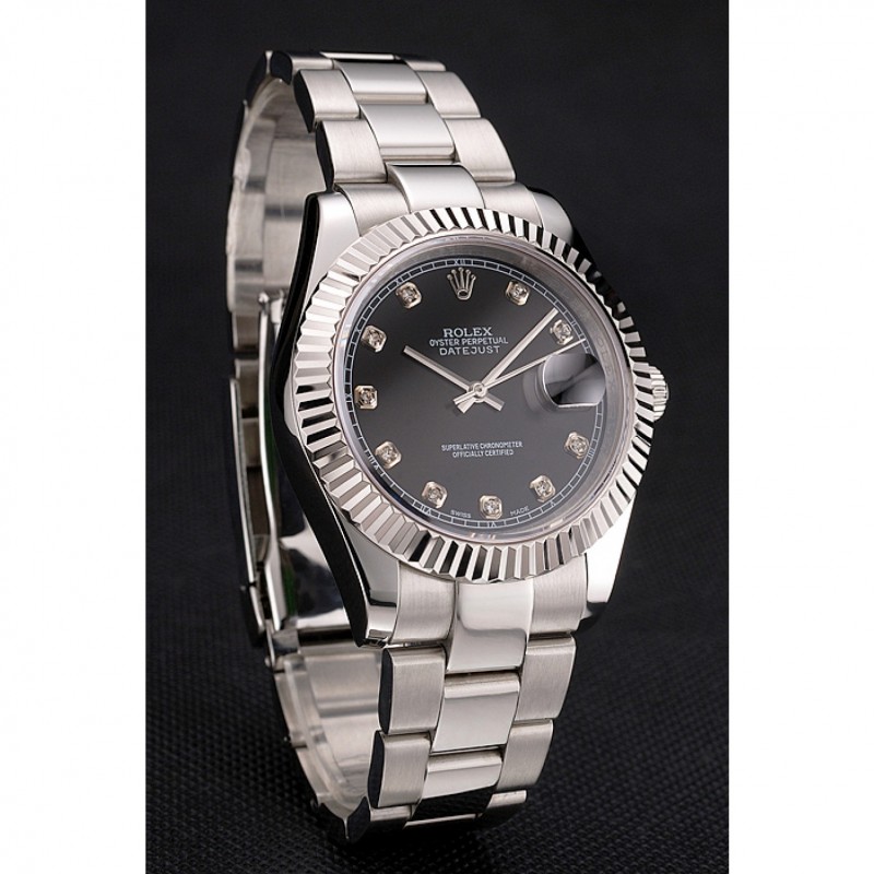 Swiss Rolex Datejust Black Dial Dimond Hour Marks Stainless Steel Case And Bracelet-2