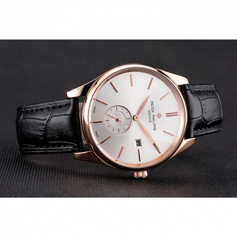 Patek Philippe Calatrava Date White Dial Rose Gold Case Black Leather Strap-4