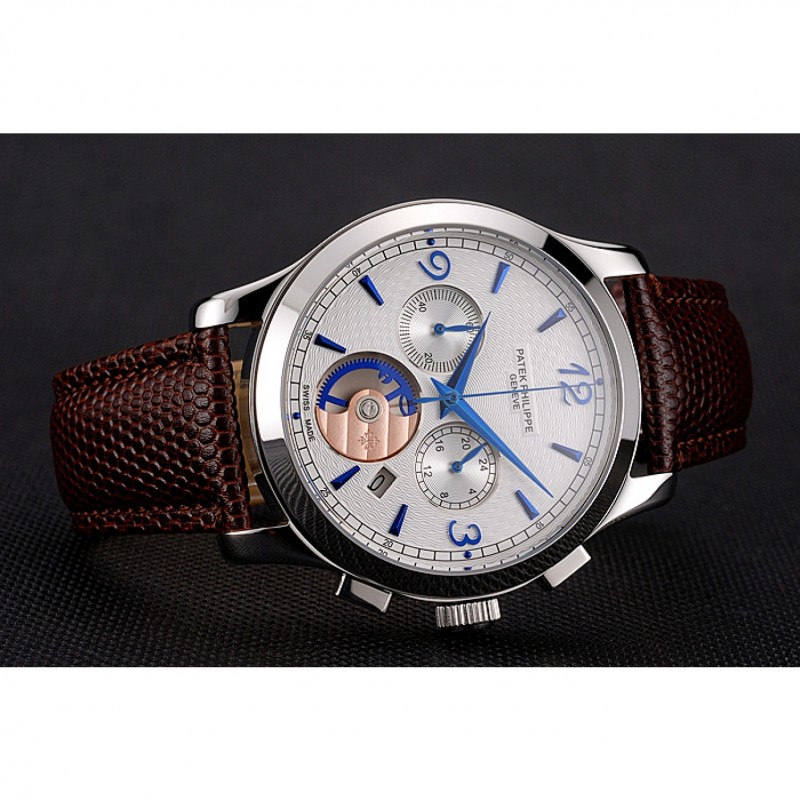 Cheap Patek Philippe Chronograph White Guilloche Dial Blue Hands Stainless Steel Case Brown Leather Strap-4