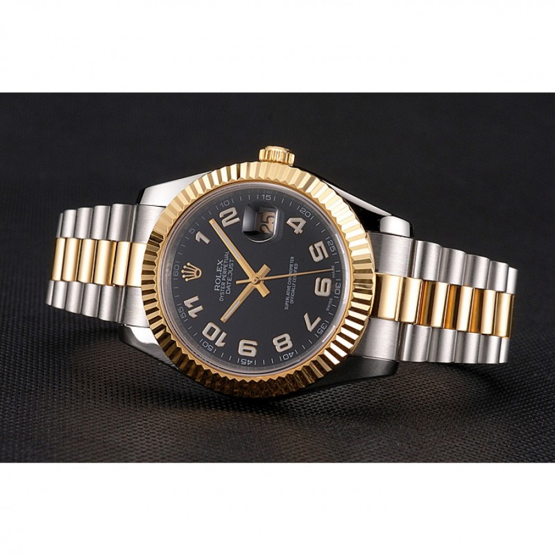 Swiss Rolex Datejust Black Dial Gold Bezel Stainless Steel Case Two Tone Bracelet-3