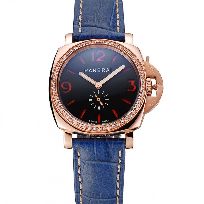 Panerai Radiomir Black Dial Diamond Bezel Rose Gold Case Blue Leather Strap 1453800-0