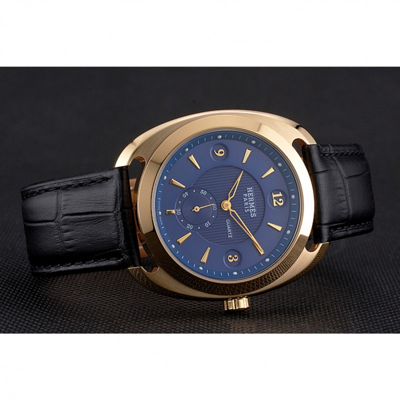 Hermes Dressage Blue Dial Gold Case Black Leather Strap-3