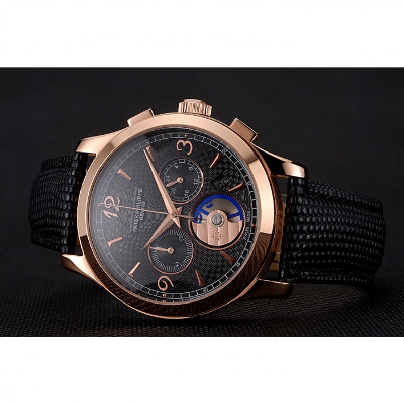 Patek Philippe Chronograph Black Guilloche Dial Rose Gold Case Black Leather Strap-4