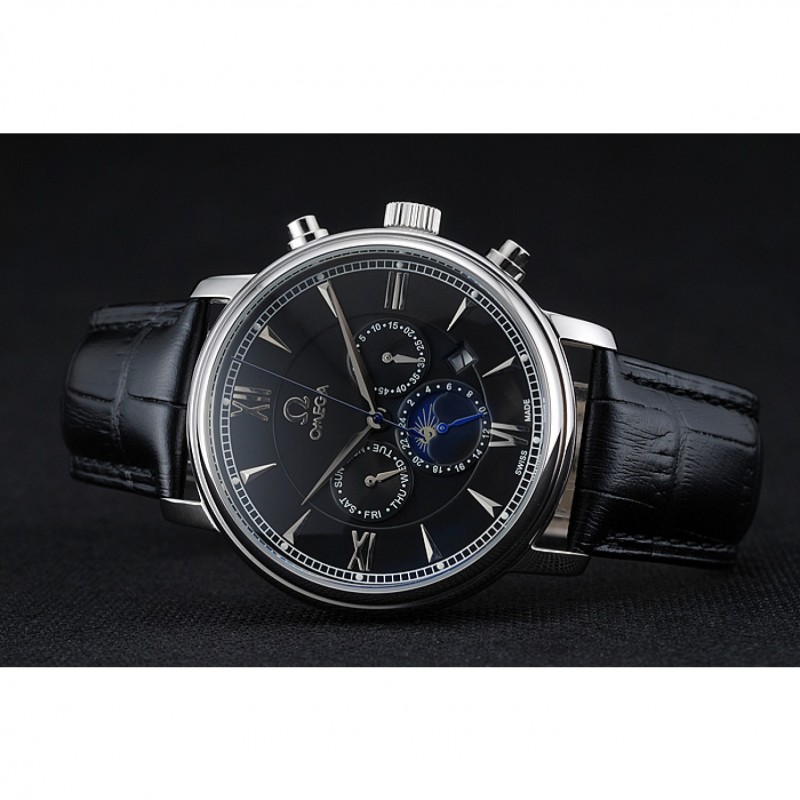 Omega De Ville Moonphase Black Dial Silver Case Black Leather Bracelet 1454225-3