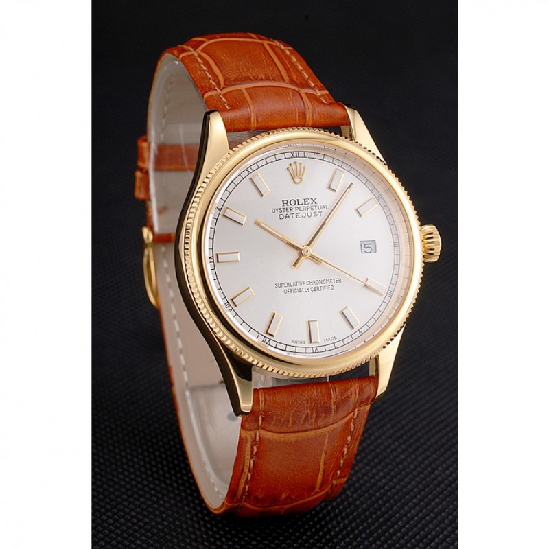 Swiss Rolex Datejust White Dial Gold Case Light Brown Leather Strap-2