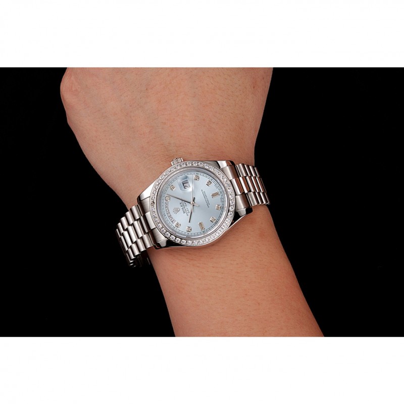 High End Replica Watches Swiss Rolex Day-Date Ice Blue Dial Diamond Case Diamond Numerals Stainless Steel Bracelet 1453963-8