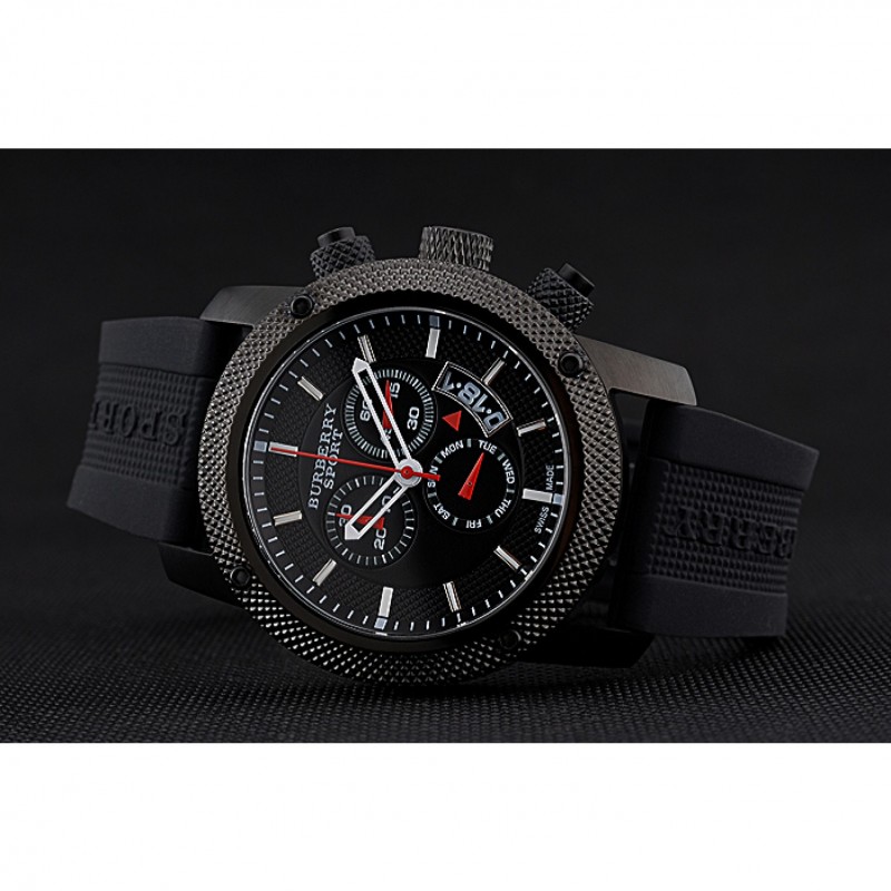 SS Replica Watches Round Burberry Sport Athlete Chronograph Black Case Triple-eye Black Rubber Bracelet 622619-4