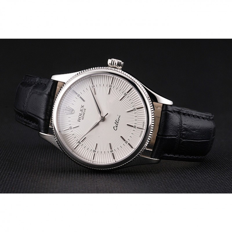 Swiss Rolex Cellini White Guilloche Dial Stainless Steel Case Black Leather Strap-3