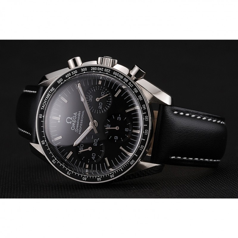 Swiss Omega Speedmaster Professional Black Dial Black Leather Bracelet 1453936-3