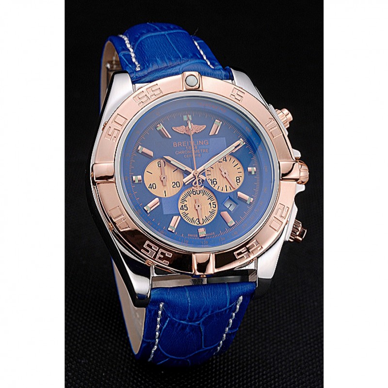 Breitling Chronomat Blue Dial Rose Gold Bezel And Subdials Stainless Steel Case Blue Leather Strap-2