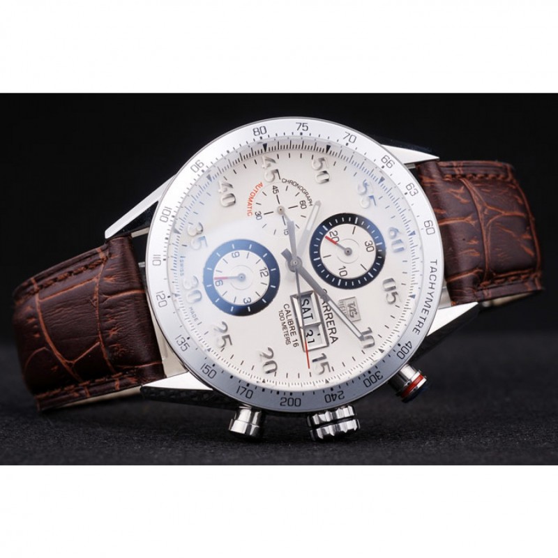 Tag Heuer Swiss Carrera Tachymeter Bezel Dark Brown Leather Strap White Dial-3