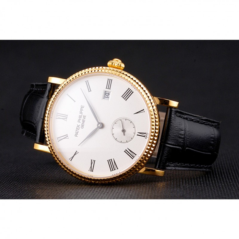Swiss Patek Philippe Calatrava White Dial Gold Case Fluted Bezel Black Leather Strap-4