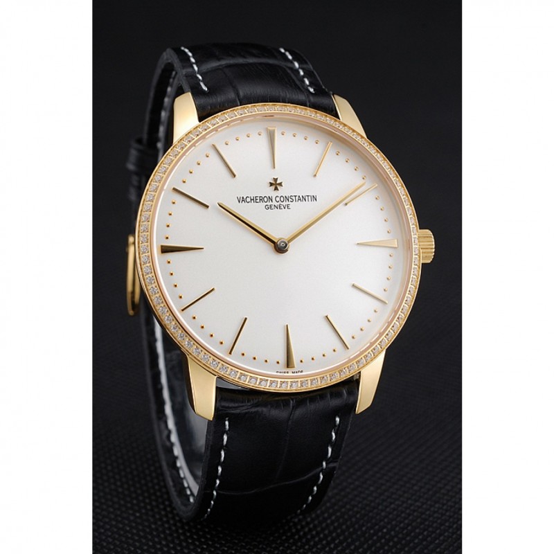 Swiss Vacheron Constantin Patrimony Grand Taille White Dial Gold Diamond Case Black Leather Bracelet 1454181-2