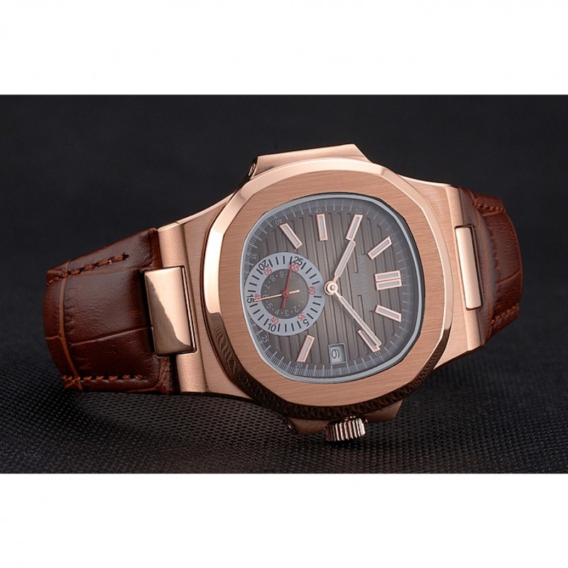 Patek Philippe Nautilus Gray Dial Rose Gold Case Brown Leather Strap-3