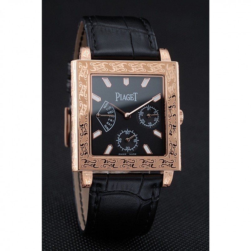 Piaget Emperador Limited Edition Black Dial Engraved Gold Case Black Leather Bracelet 1454137-2