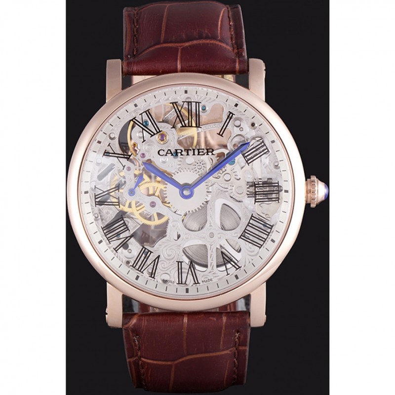 Luxury Cartier Luxury Skeleton Watch with Rose Gold Bezel and Brown Leather Band 621557-1