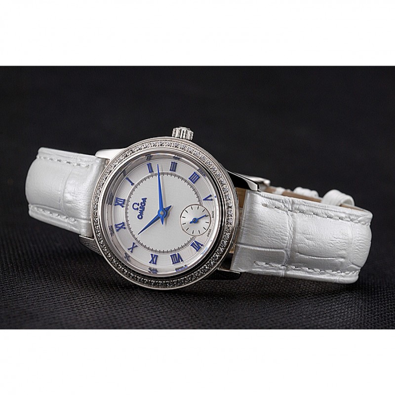 Omega De Ville Prestige Small Seconds White Dial Diamond Bezel Stainless Steel Case White Leather Strap-3