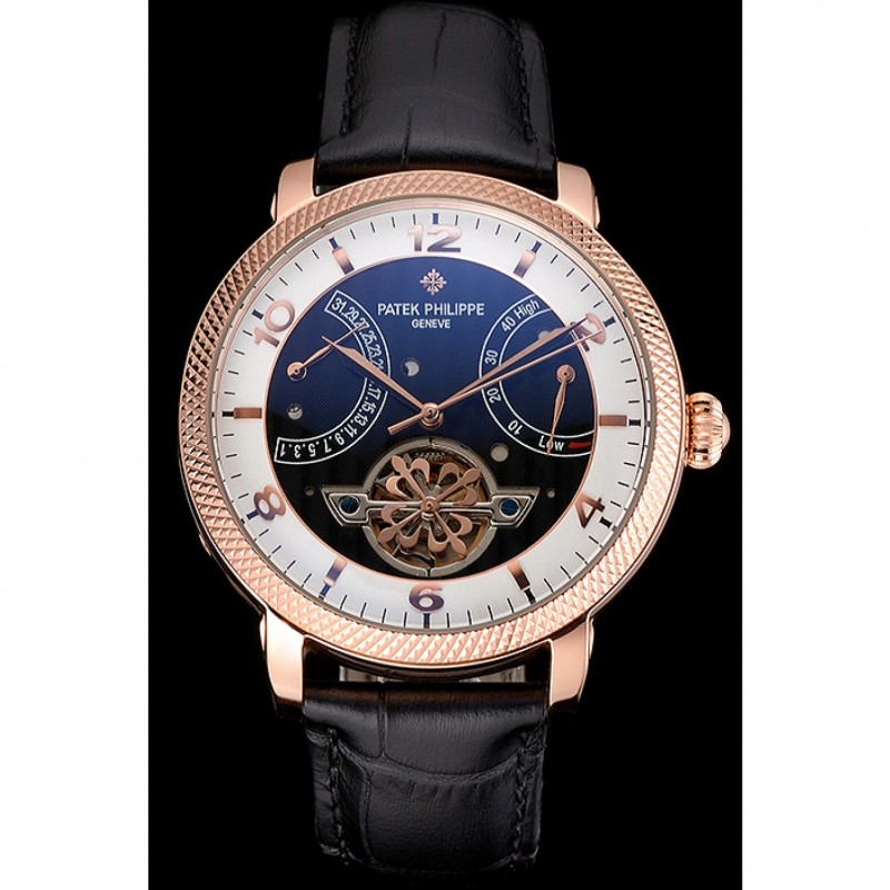 Best Replica Watches Patek Philippe Classic Tourbillon Power Reserve Black And White Dial Rose Gold Case Black Leather Strap-1