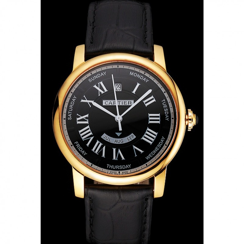 Swiss Cartier Rotonde Annual Calendar Black Dial Gold Case Black Leather Strap-1