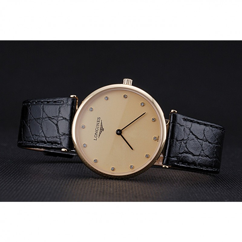 Longines La Grande Classique Champagne Dial Black Leather Band Diamond Markers Homme 622121-4
