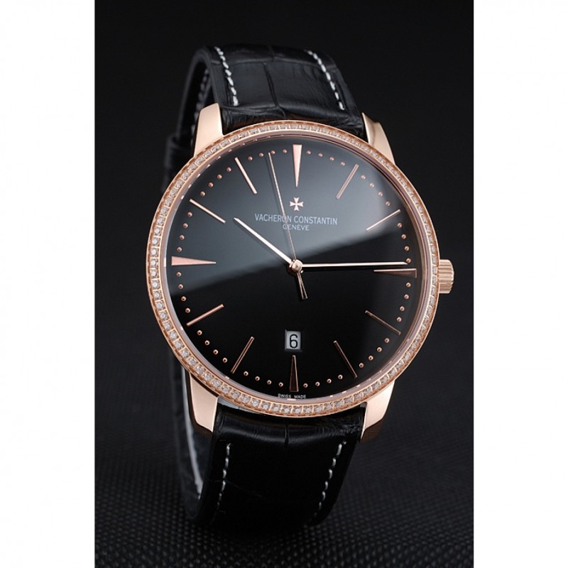 AAA Swiss Vacheron Constantin Patrimony Black Dial Rose Gold Diamonds Case Black Leather Bracelet 1454175-2