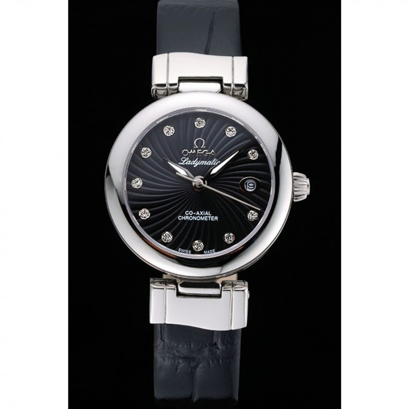 Cheap Replica Watches Omega Ladymatic Black Dial Black Leather Bracelet 622458-1