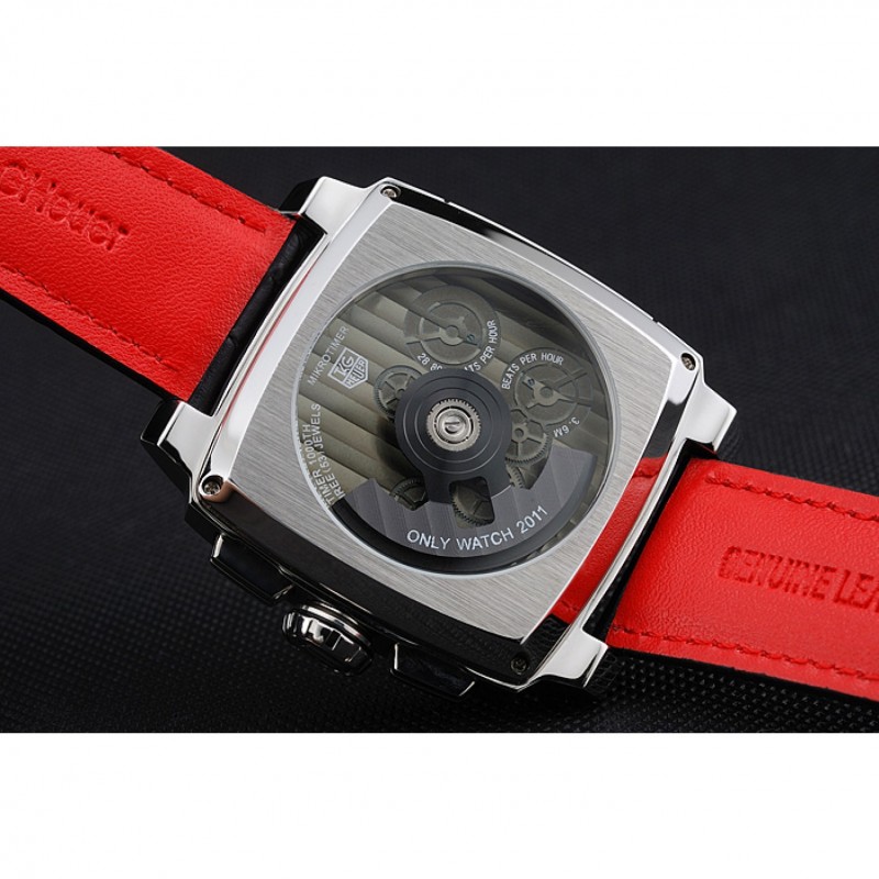 Luxury Replica Watches Tag Heuer Monaco Black-Green Perforated Leather Strap Black Dial 80308-5